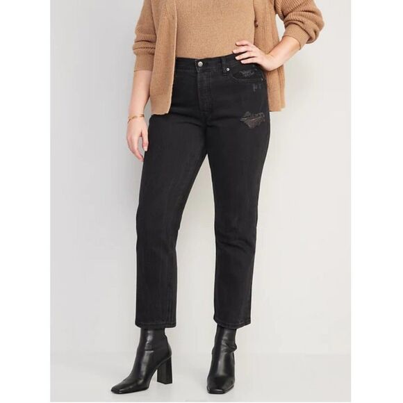 Old Navy Sz. 14 High-Waisted Slouchy Straight Cropped Distressed Jeans - Picture 1 of 12